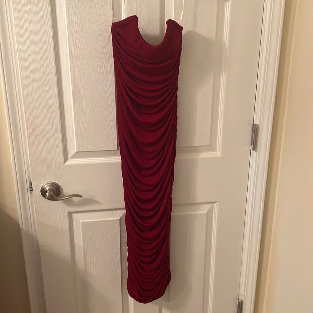Red gown ruched in the back
